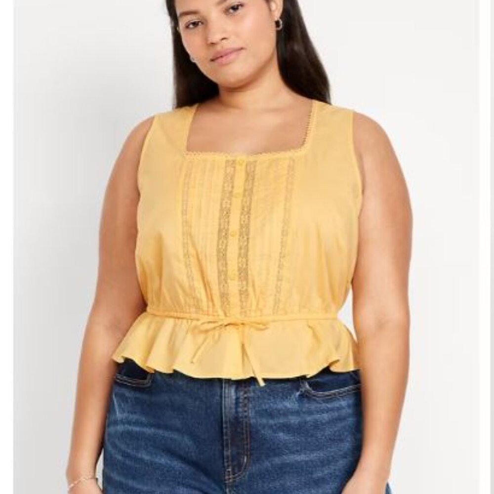 Yellow lace and eyelet tie-waist tank top